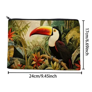 Αδιάβροχη λινή τσάντα μακιγιάζ με τροπικό toucan τύπωμα, φορητή τσάντα αποθήκευσης.