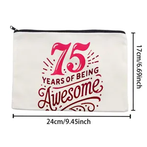 White canvas zipper cosmetic bag and pencil case with 75 years birthday print 24x17cm