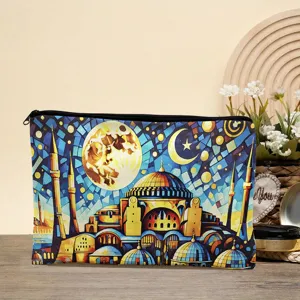 Vista dettagliata della borsa cosmetica in tela con stampa artistica di moschea a mosaico e zip.