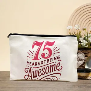 White canvas cosmetic bag with 75th birthday typography, practical zippered pouch for daily use.