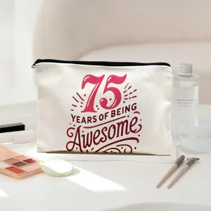 Canvas makeup bag with stylish letter print, versatile zipper pouch for daily cosmetic use.