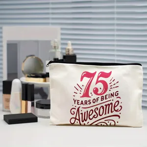 Canvas cosmetic bag with birthday letter print, zipper closure, daily makeup pouch for women.