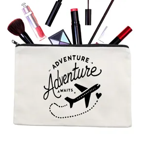 Canvas cosmetic bag with adventure letter print and zipper closure, ideal for daily use.
