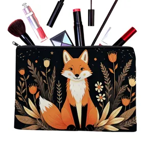 Leinen Make-up-Tasche mit süßem Fuchs und Blumenmuster, Kosmetiktasche für Reise und Alltag.
