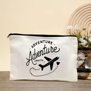 Canvas cosmetic bag with adventure letter print, simple zipper travel pouch and pencil case.