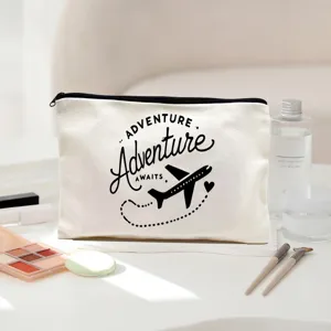 Canvas makeup pouch with adventure aviation print, durable zipper travel toiletry organizer bag.