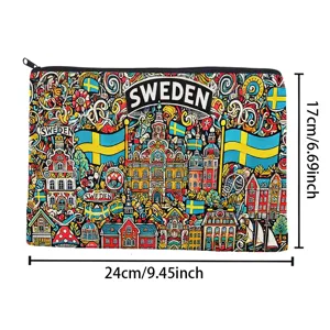 Detailansicht der schwedischen Kosmetiktasche aus Canvas, bunte Reise Make-up Tasche.