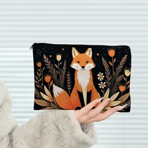 Leinen-Reißverschlusstasche mit niedlichem Herbstfuchs-Druck, ideal als Kosmetiktasche.