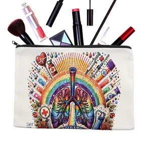 Borsa per cosmetici in tela con polmoni anatomici colorati e chiusura a cerniera.