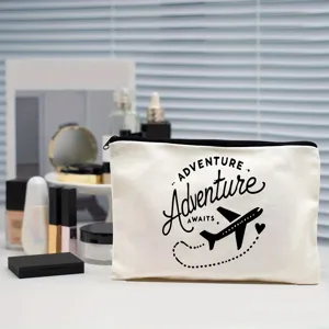 White canvas makeup bag with adventure awaits letter print, portable zipper pouch for daily travel.