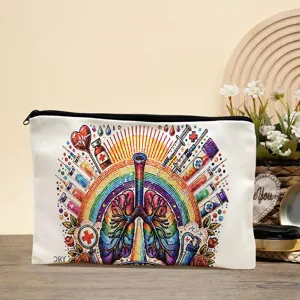 Borsa cosmetica in tela con stampa medica colorata, ideale per cancelleria e trucco quotidiano.