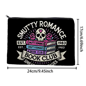 Canvas zipper makeup bag with gothic skull and book club print, versatile pencil pouch.