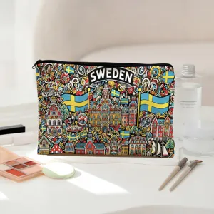 Reise Kosmetiktasche mit lebendigem Schweden Thema Doodle Illustration Reißverschluss Tasche