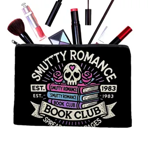 Black canvas zipper cosmetic pouch with stylish book club print, perfect makeup organizer bag.