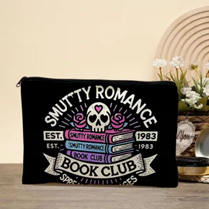 Black canvas cosmetic bag with skull book club print, stylish zipper pencil case for daily use.