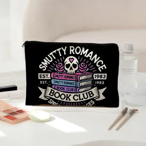 Black canvas gothic skull book print cosmetic bag zipper makeup pouch close up detail