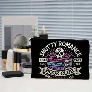 Black canvas cosmetic bag with gothic book club skull print, stylish zipper pencil pouch.