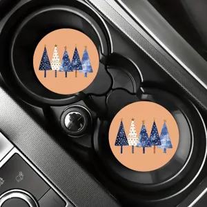 Posavasos para coche de Navidad, tapetes redondos absorbentes con árbol de Navidad azul.