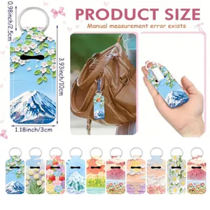 Oil Painting Style Lipstick Holder Keychain Artistic Floral Landscape Print Lipstick Protective Sleeve Portable Bag Pendant Key Ring