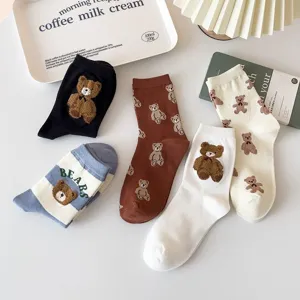 Cute cartoon bear mid-calf socks set for women, soft comfortable casual cotton socks for autumn.