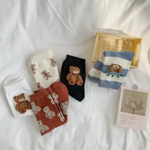Cute cartoon bear mid-calf socks sweet casual cotton hosiery for women and girls daily wear