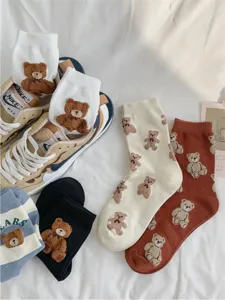 Cute cartoon bear mid-calf socks for women, soft knitted cozy hosiery for daily wear.