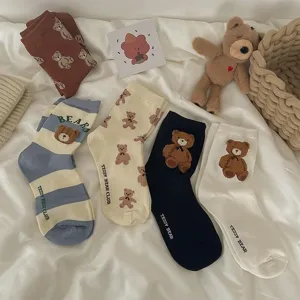Women Mid-Calf Socks Polyester Cartoon Bear 3D Doll Striped Sweet Soft Warm Casual Fashion Crew Socks For Autumn Winter