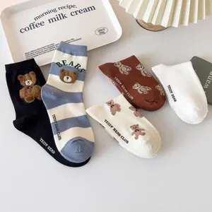 Cute cartoon teddy bear mid-tube socks set, soft and cozy casual cotton hosiery for women.