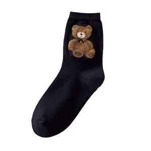 Cute bear print women mid-calf socks sweet cartoon style black soft warm winter socks