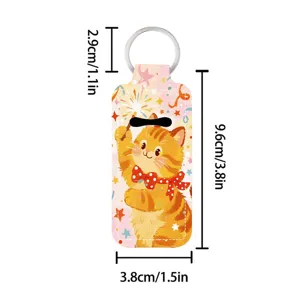 Chic neoprene lipstick holder keychain with cute orange cat print, portable bag charm pendant.