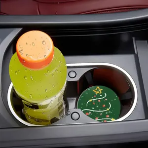 Christmas diatomite car cup coaster detail view, green cartoon tree pattern, absorbent design.