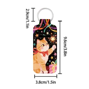 Cute neoprene lipstick holder keychain with cat design, portable lip balm sleeve bag pendant.