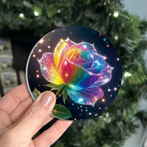 Detailed view of a circular silicone cup coaster featuring a vibrant glowing rainbow rose.