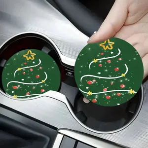 Christmas Cartoon Silicone Car Coaster Absorbent Heat Insulated Coffee Cup Mat For Vehicle Home Table Party Decor Santa Tree Pattern