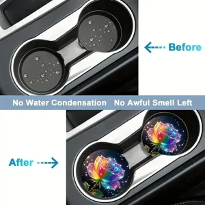 Detailed view of silicone car cup coasters featuring colorful rose pattern, waterproof design.