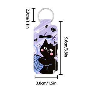 Neoprene lipstick holder keychain detail showing dimensions and cute black cat print pattern.