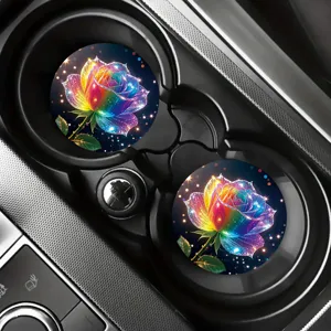 Car cup holder coasters with glowing rainbow rose pattern, non-slip silicone auto accessories.