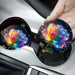 Colorful rainbow rose car cup holder coasters, anti-slip silicone auto drink coaster mats.