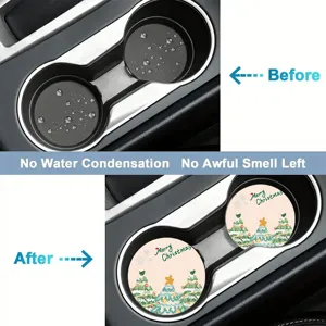 Christmas diatomaceous earth car cup coaster detail view, water absorbent and quick dry.