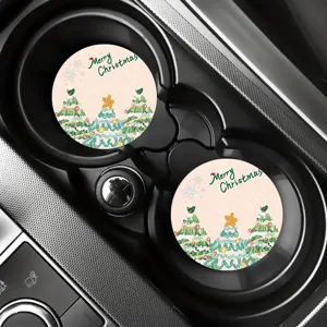 Christmas diatomaceous earth car cup coaster detail, absorbent holiday tree drink mat for auto holder.