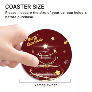 Detail view of the Christmas car cup coaster with a festive tree design and 7cm size guide.