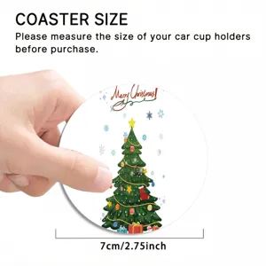Detail shot of a festive Christmas cartoon car coaster showcasing size and design features.