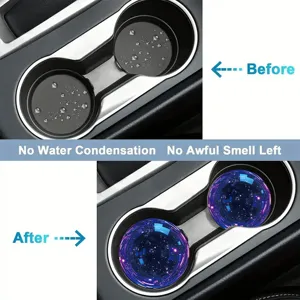 Car silicone cup holder coaster detail showing anti-condensation and anti-odor features.