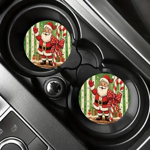 Christmas car cup coasters set featuring vintage Santa Claus design for auto interior decor.