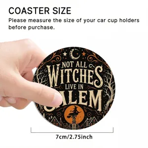Halloween car cup coaster size detail, round silicone drink mat with vintage witch graphic.
