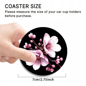 Car coaster detail showing pink cherry blossom pattern and 7cm size scale for cup holder.