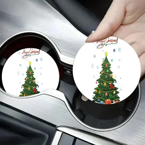 Christmas car coaster detail view, diatomite absorbent cup holder mat with festive tree design.