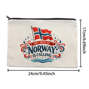 Weißer Canvas Kosmetikbeutel mit Norwegen Flagge Aufdruck, praktische Reisetasche 24x17 cm.