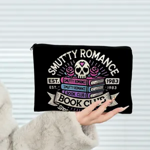 Black zipper cosmetic bag with stylish letter and skull print, perfect travel makeup pouch.