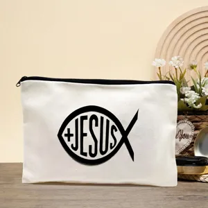Borsa cosmetica in tela bianca con stampa del pesce di Gesù, pratica custodia con cerniera.